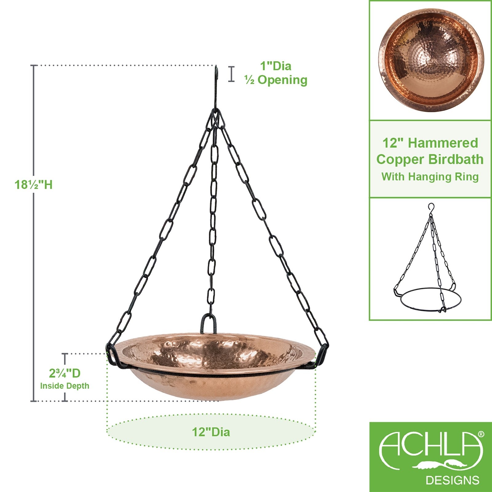 ACHLA Copper Hanging Birdbath 12.5in Dia | Polished Copper and Black Wrought Iron | Outdoor Garden & Patio Birdbath | 12.5 x 12.5 x | Model BBH-02CP