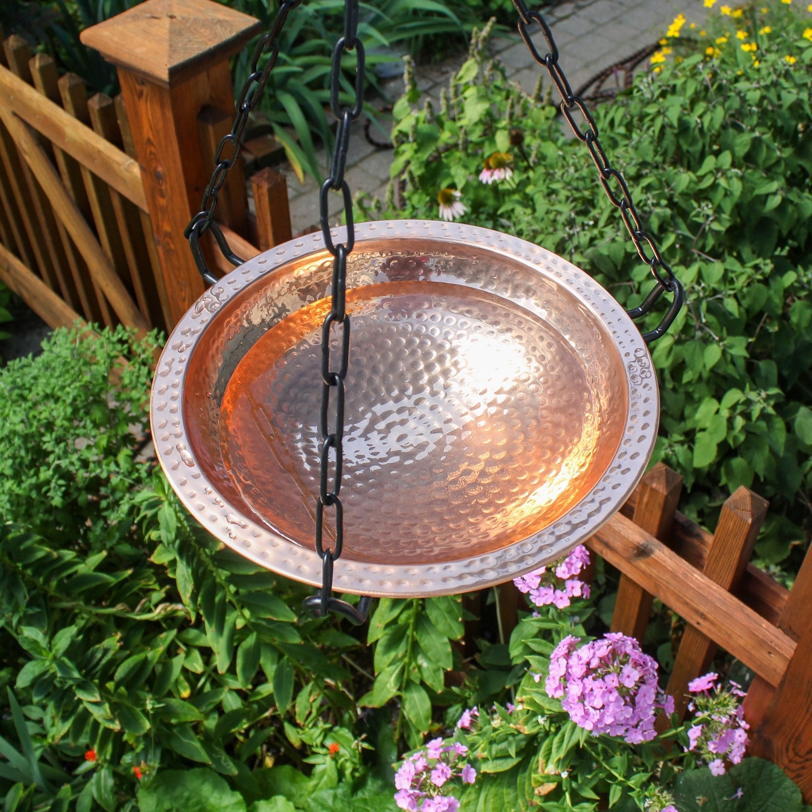 ACHLA Copper Hanging Birdbath 12.5in Dia | Polished Copper and Black Wrought Iron | Outdoor Garden & Patio Birdbath | 12.5 x 12.5 x | Model BBH-02CP