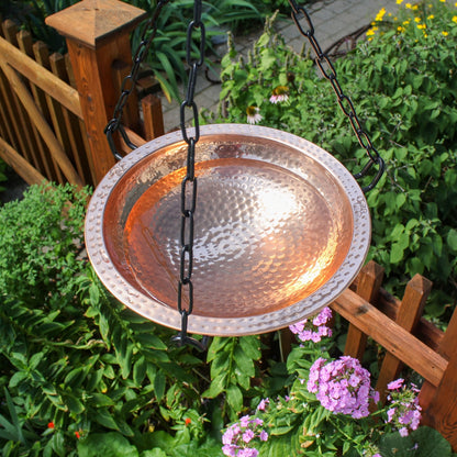 ACHLA Copper Hanging Birdbath 12.5in Dia | Polished Copper and Black Wrought Iron | Outdoor Garden & Patio Birdbath | 12.5 x 12.5 x | Model BBH-02CP