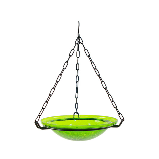 ACHLA Fern Green Hanging Birdbath | Crackled Glass Bowl with Black Wrought Iron Chain | Garden & Patio Bird Bath | Model BBH-02FG
