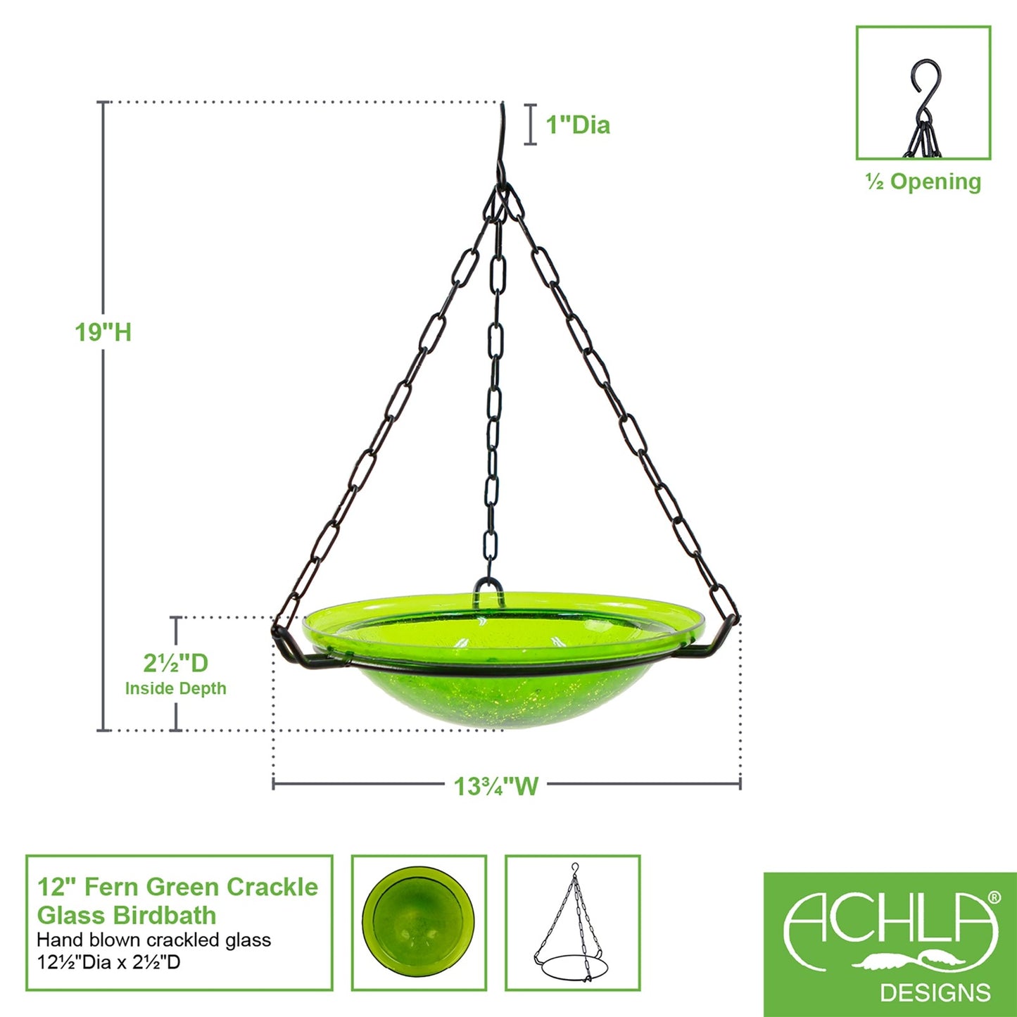 ACHLA Fern Green Hanging Birdbath | Crackled Glass Bowl with Black Wrought Iron Chain | Garden & Patio Bird Bath | Model BBH-02FG