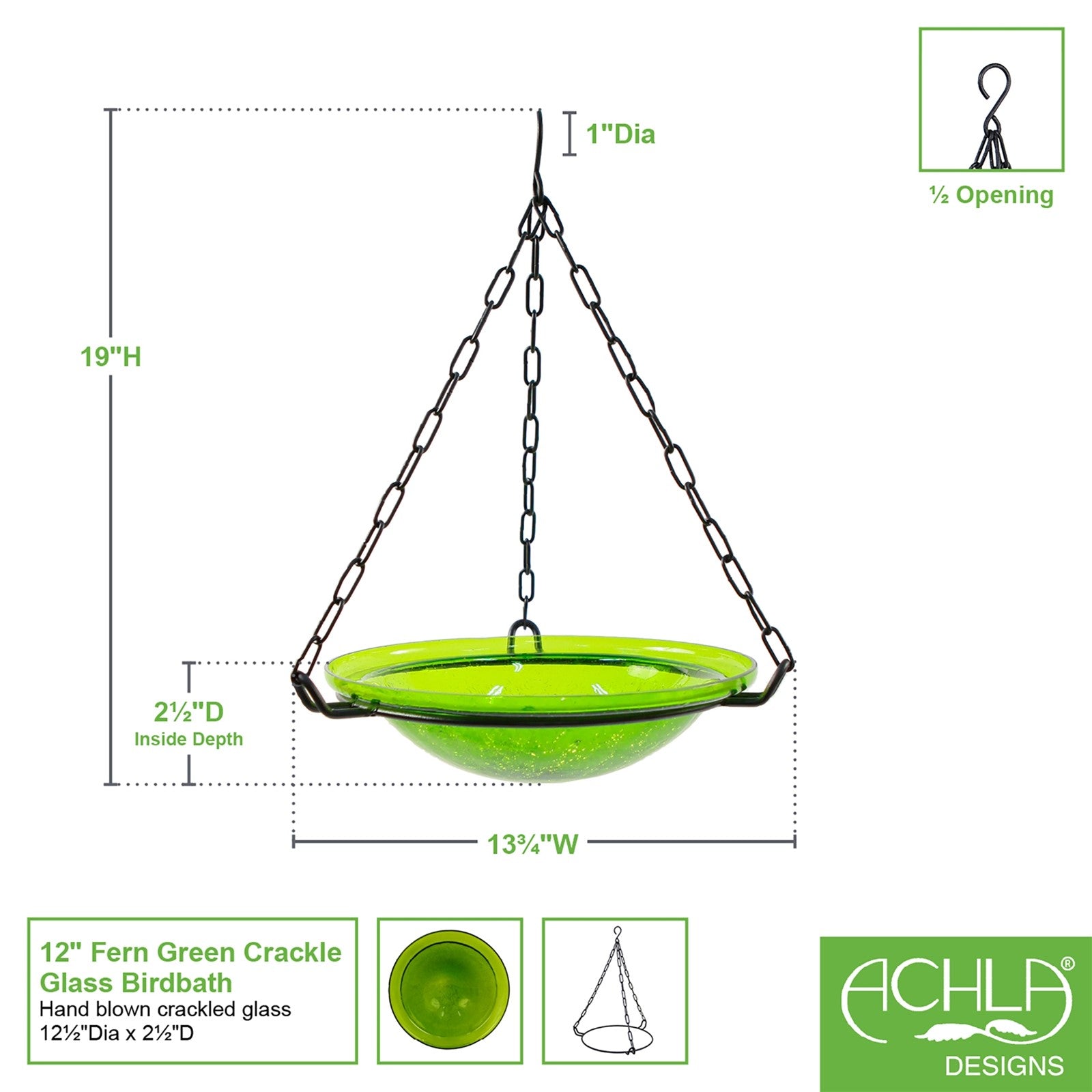 ACHLA Fern Green Hanging Birdbath | Crackled Glass Bowl with Black Wrought Iron Chain | Garden & Patio Bird Bath | Model BBH-02FG