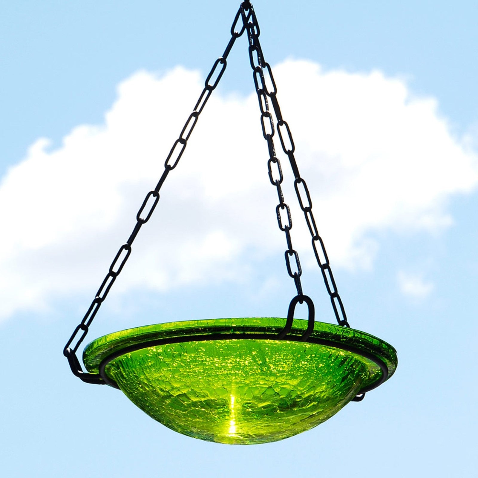 ACHLA Fern Green Hanging Birdbath | Crackled Glass Bowl with Black Wrought Iron Chain | Garden & Patio Bird Bath | Model BBH-02FG