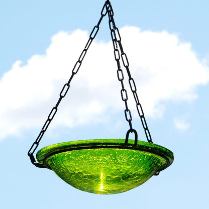 ACHLA Fern Green Hanging Birdbath | Crackled Glass Bowl with Black Wrought Iron Chain | Garden & Patio Bird Bath | Model BBH-02FG