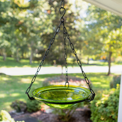 ACHLA Fern Green Hanging Birdbath | Crackled Glass Bowl with Black Wrought Iron Chain | Garden & Patio Bird Bath | Model BBH-02FG