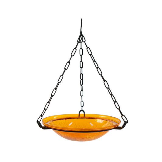 ACHLA Mandarin Hanging Birdbath | Crackled Glass Bowl on Black Wrought Iron Chain | Outdoor Yard & Garden Decor | 12.5 in Dia x 3 in | Model BBH-02M