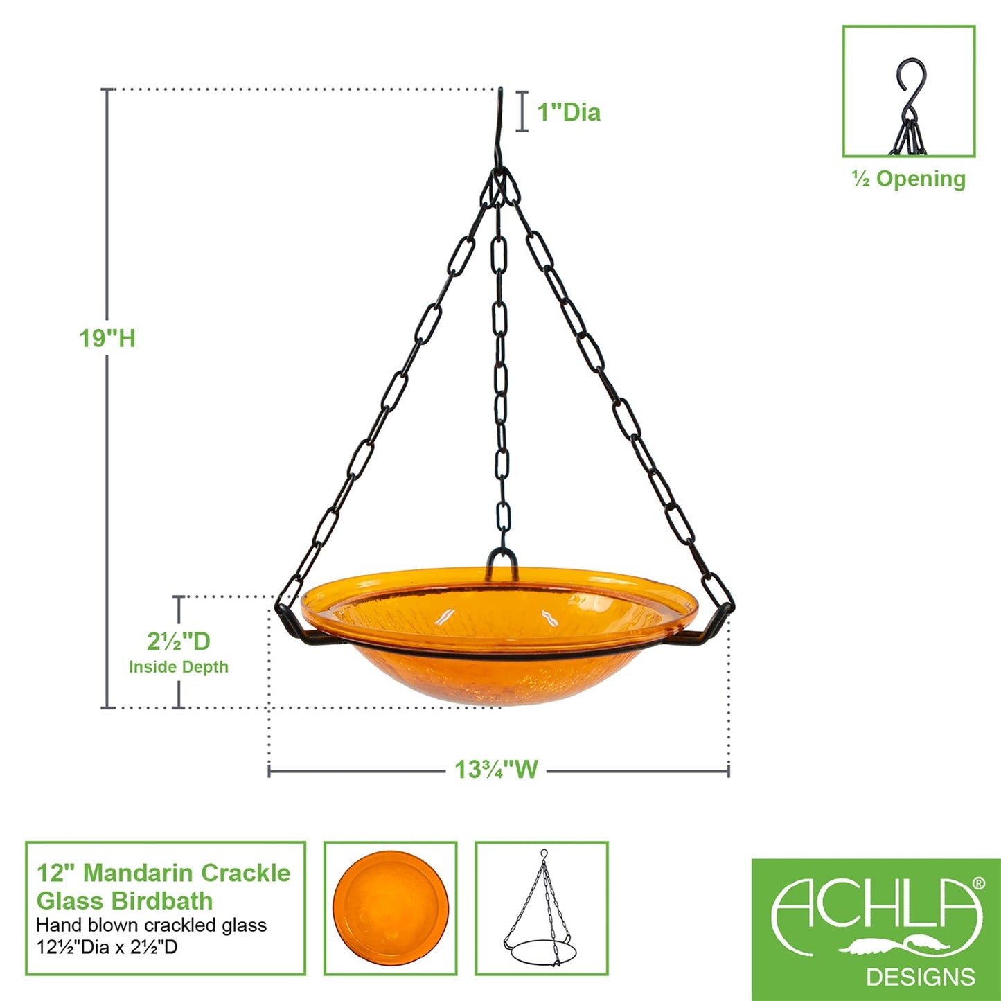 ACHLA Mandarin Hanging Birdbath | Crackled Glass Bowl on Black Wrought Iron Chain | Outdoor Yard & Garden Decor | 12.5 in Dia x 3 in | Model BBH-02M