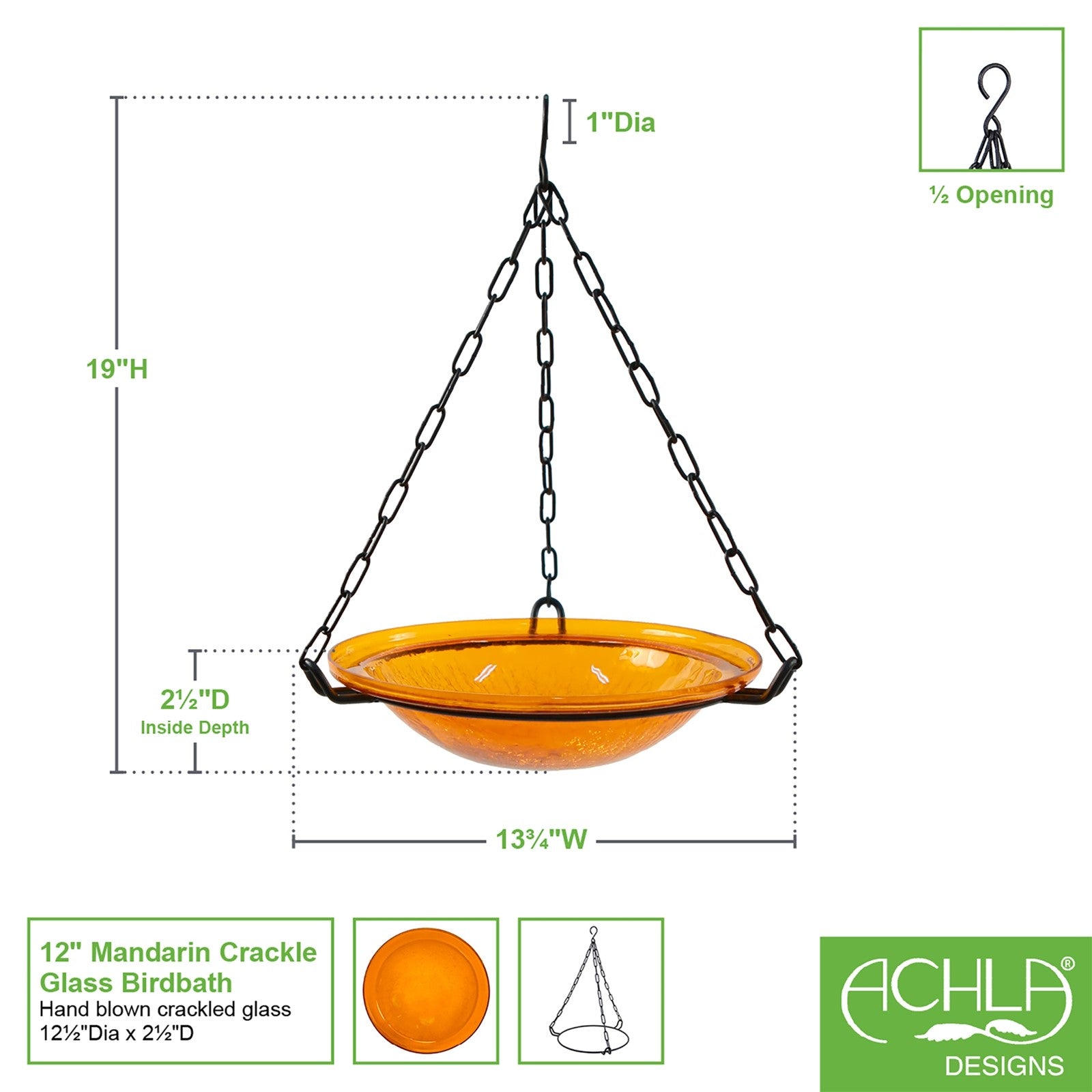 ACHLA Mandarin Hanging Birdbath | Crackled Glass Bowl on Black Wrought Iron Chain | Outdoor Yard & Garden Decor | 12.5 in Dia x 3 in | Model BBH-02M