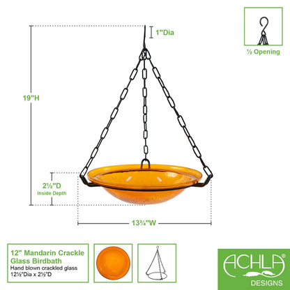 ACHLA Mandarin Hanging Birdbath | Crackled Glass Bowl on Black Wrought Iron Chain | Outdoor Yard & Garden Decor | 12.5 in Dia x 3 in | Model BBH-02M