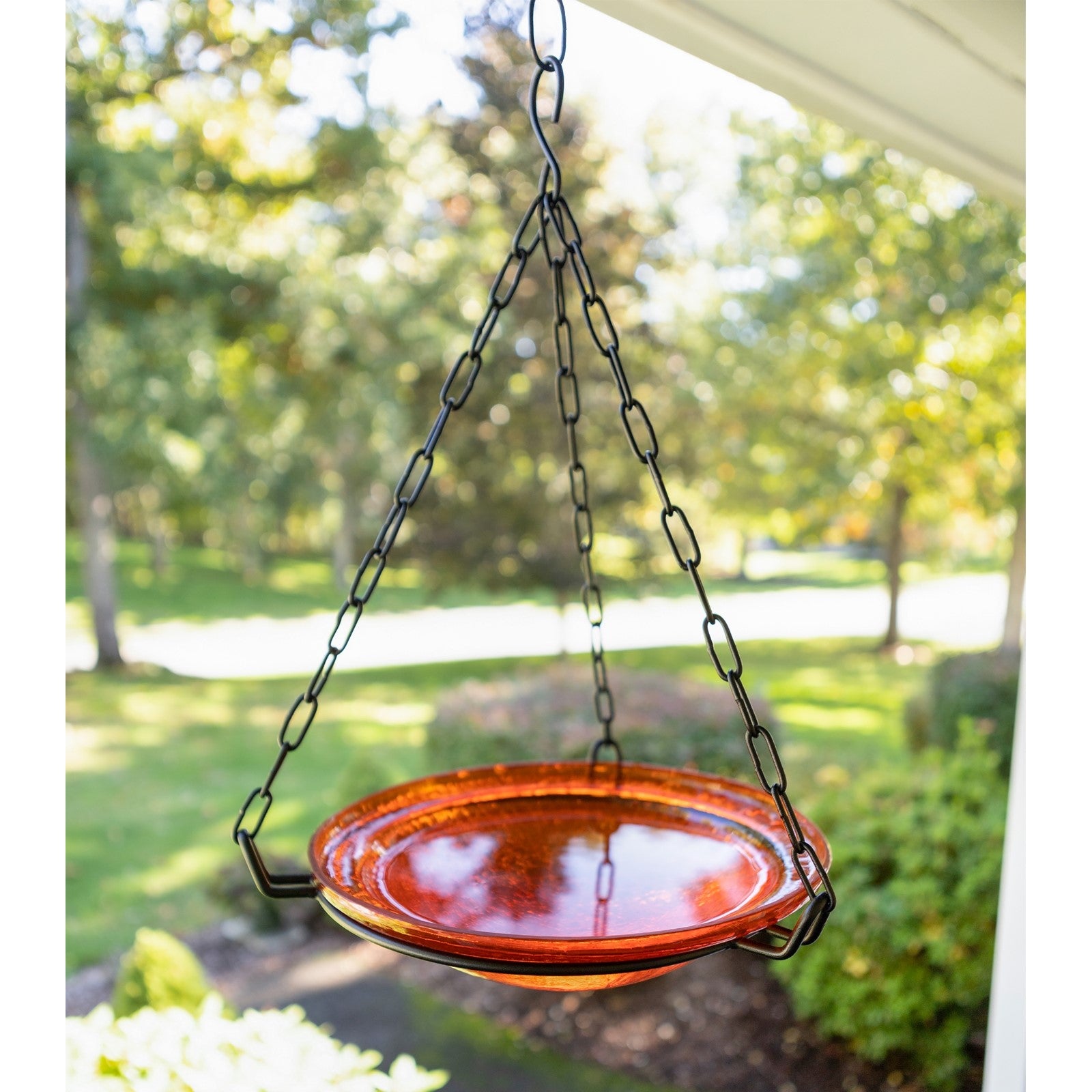 ACHLA Mandarin Hanging Birdbath | Crackled Glass Bowl on Black Wrought Iron Chain | Outdoor Yard & Garden Decor | 12.5 in Dia x 3 in | Model BBH-02M