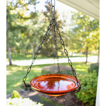 ACHLA Mandarin Hanging Birdbath | Crackled Glass Bowl on Black Wrought Iron Chain | Outdoor Yard & Garden Decor | 12.5 in Dia x 3 in | Model BBH-02M