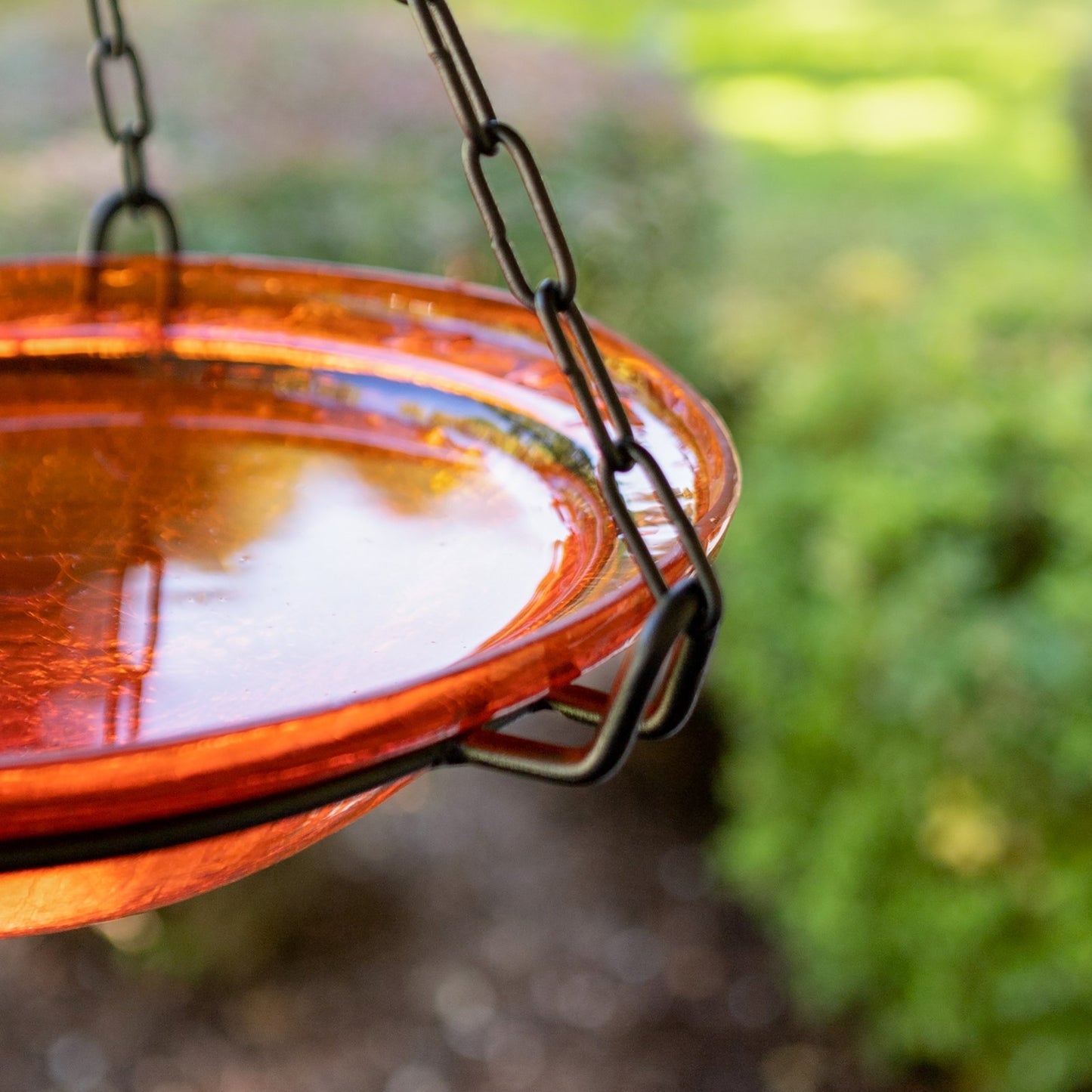 ACHLA Mandarin Hanging Birdbath | Crackled Glass Bowl on Black Wrought Iron Chain | Outdoor Yard & Garden Decor | 12.5 in Dia x 3 in | Model BBH-02M
