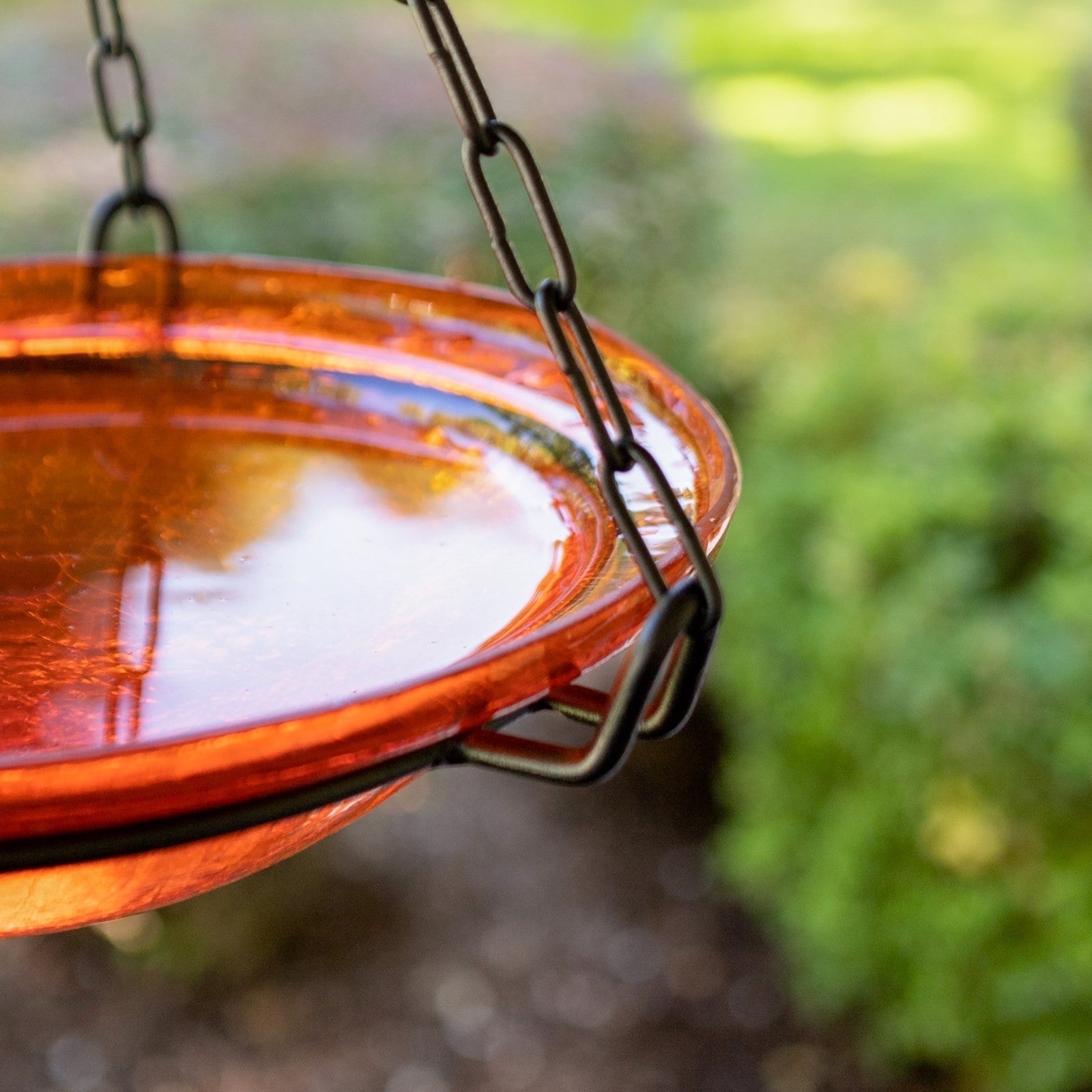 ACHLA Mandarin Hanging Birdbath | Crackled Glass Bowl on Black Wrought Iron Chain | Outdoor Yard & Garden Decor | 12.5 in Dia x 3 in | Model BBH-02M