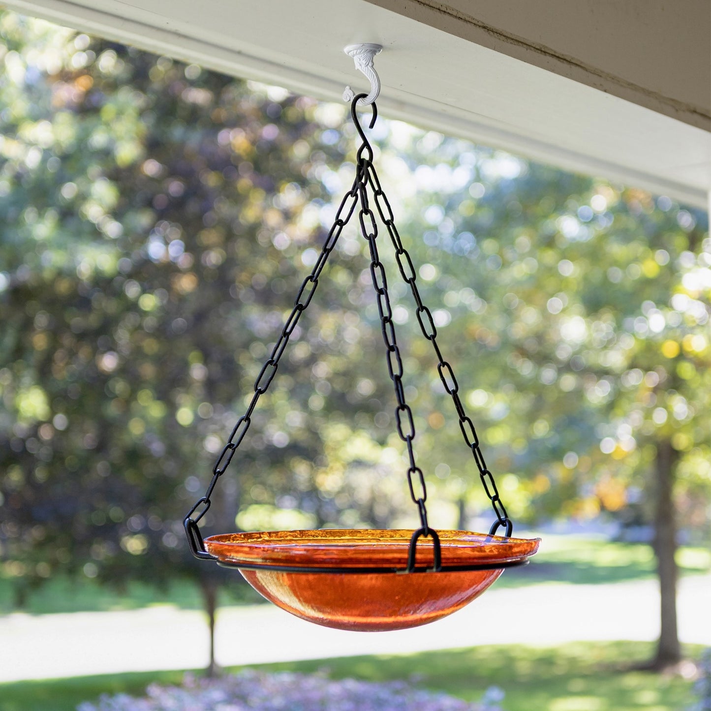 ACHLA Mandarin Hanging Birdbath | Crackled Glass Bowl on Black Wrought Iron Chain | Outdoor Yard & Garden Decor | 12.5 in Dia x 3 in | Model BBH-02M