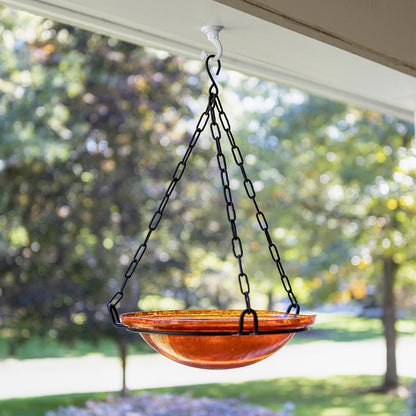 ACHLA Mandarin Hanging Birdbath | Crackled Glass Bowl on Black Wrought Iron Chain | Outdoor Yard & Garden Decor | 12.5 in Dia x 3 in | Model BBH-02M