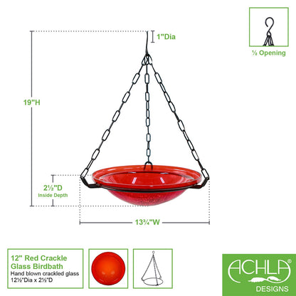 ACHLA Red Crackle Hanging Birdbath | Crackled Glass Bowl with Black Wrought Iron Chain | Garden & Patio Bird Bath | Model BBH-02R