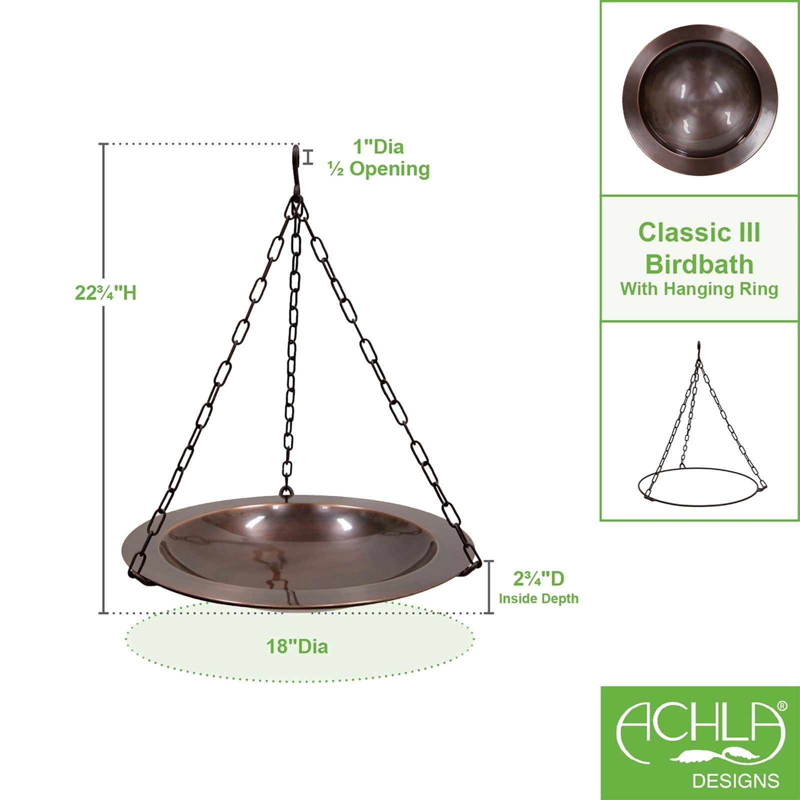 ACHLA Classic 18in Hanging Birdbath | Antique Copper and Roman Bronze Wrought Iron | Garden & Yard Wildlife Decor | 18 x 18 x 23 in | Model BBH-04CP