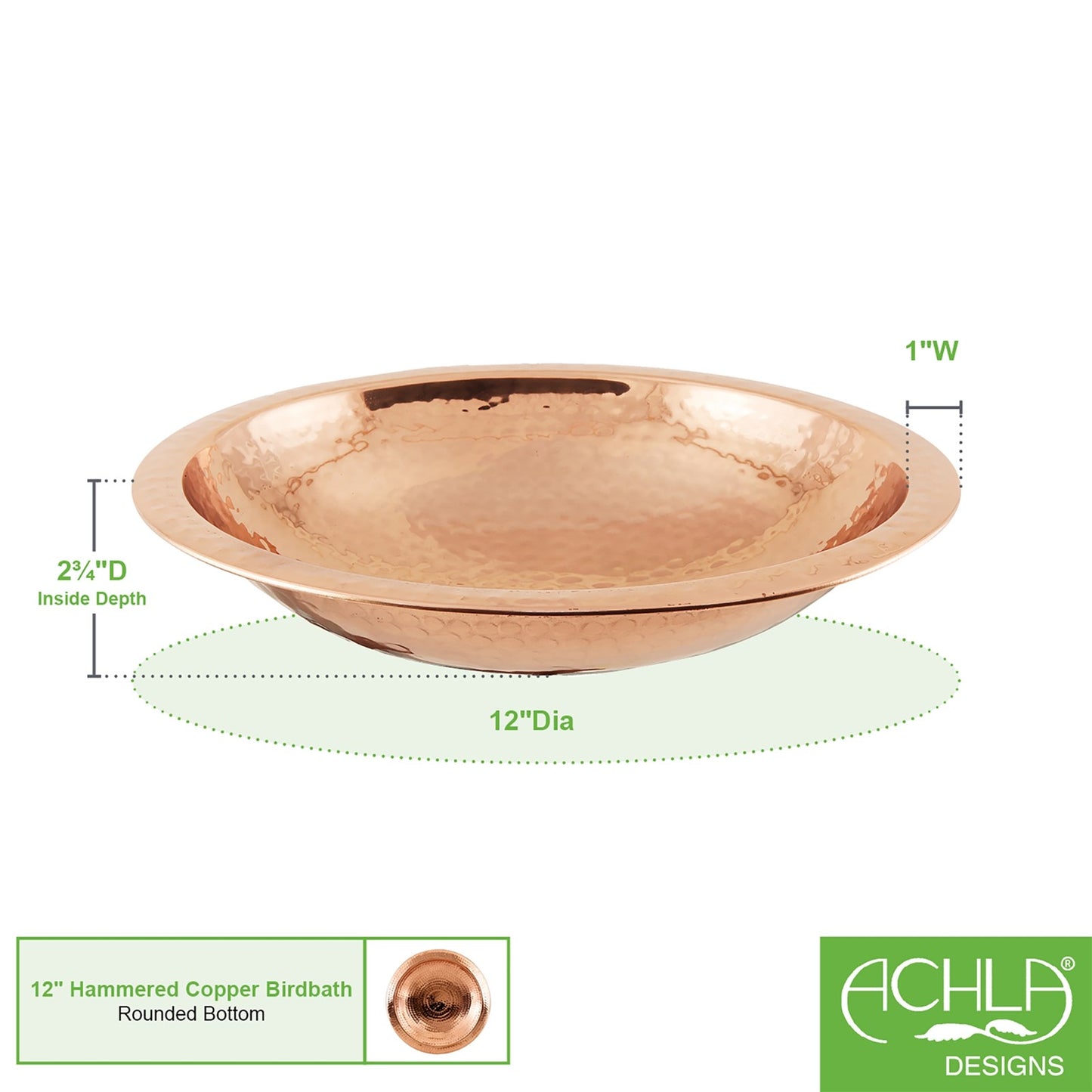 ACHLA Hammered Copper Bowl with Rim | 12.5in Polished Copper Decorative Bowl | Entryway & Kitchen Accent | 12 x 12 x 3 in | Model BBHC-01