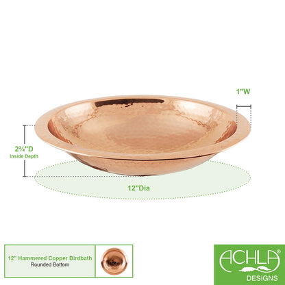 ACHLA Hammered Copper Bowl with Rim | 12.5in Polished Copper Decorative Bowl | Entryway & Kitchen Accent | 12 x 12 x 3 in | Model BBHC-01