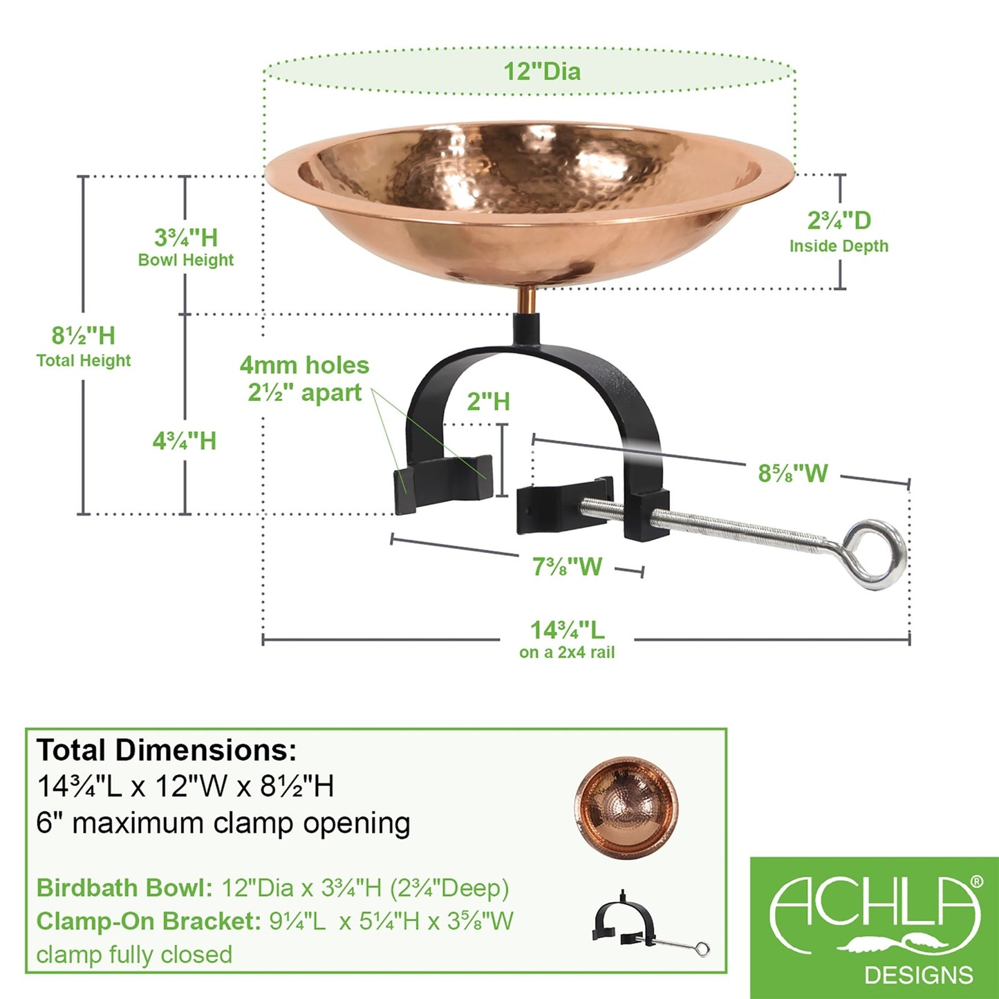 ACHLA Hammered Copper Birdbath Over Rail Bracket | Classic Garden Accent with Polished Copper Plated Brass Bowl and Black Wrought | Model BBHC-01T-OR2