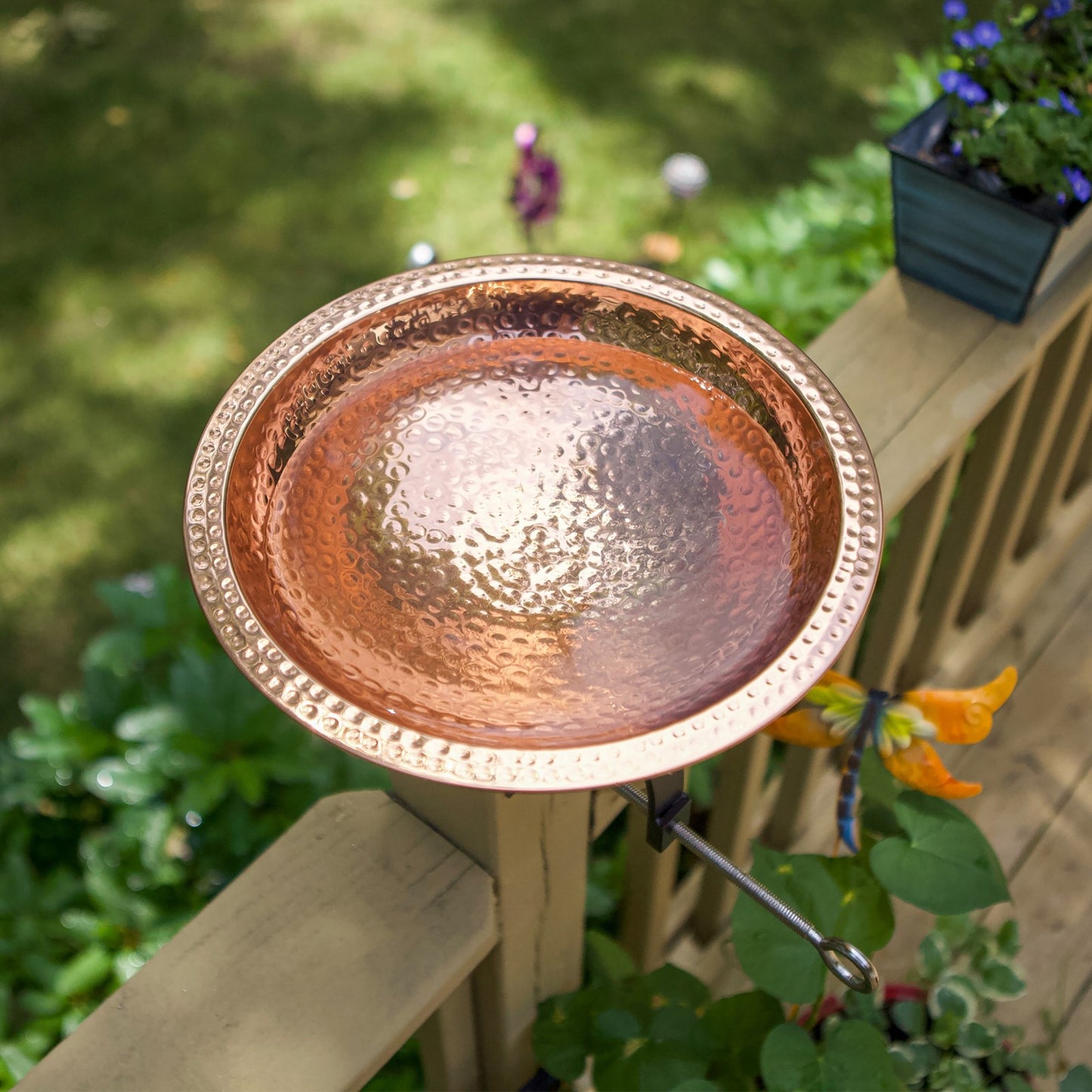 ACHLA Hammered Copper Birdbath Over Rail Bracket | Classic Garden Accent with Polished Copper Plated Brass Bowl and Black Wrought | Model BBHC-01T-OR2