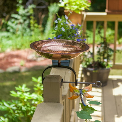 ACHLA Hammered Copper Birdbath Over Rail Bracket | Classic Garden Accent with Polished Copper Plated Brass Bowl and Black Wrought | Model BBHC-01T-OR2