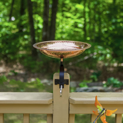 ACHLA Hammered Copper Birdbath Over Rail Bracket | Classic Garden Accent with Polished Copper Plated Brass Bowl and Black Wrought | Model BBHC-01T-OR2