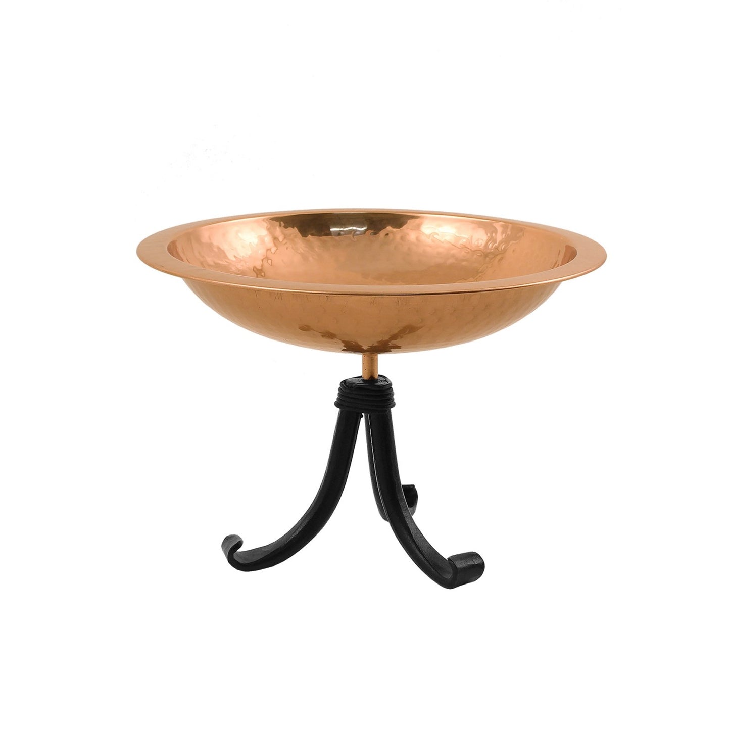 ACHLA Hammered Birdbath with Tripod Stand | Polished Copper Plated Brass and Black Wrought Iron | Garden & Patio Bird Bath | Model BBHC-01T-TR