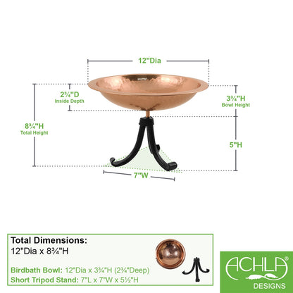 ACHLA Hammered Birdbath with Tripod Stand | Polished Copper Plated Brass and Black Wrought Iron | Garden & Patio Bird Bath | Model BBHC-01T-TR