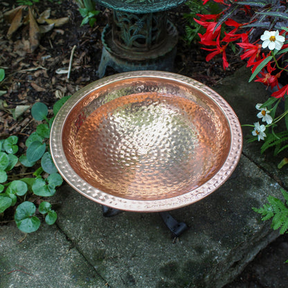 ACHLA Hammered Birdbath with Tripod Stand | Polished Copper Plated Brass and Black Wrought Iron | Garden & Patio Bird Bath | Model BBHC-01T-TR