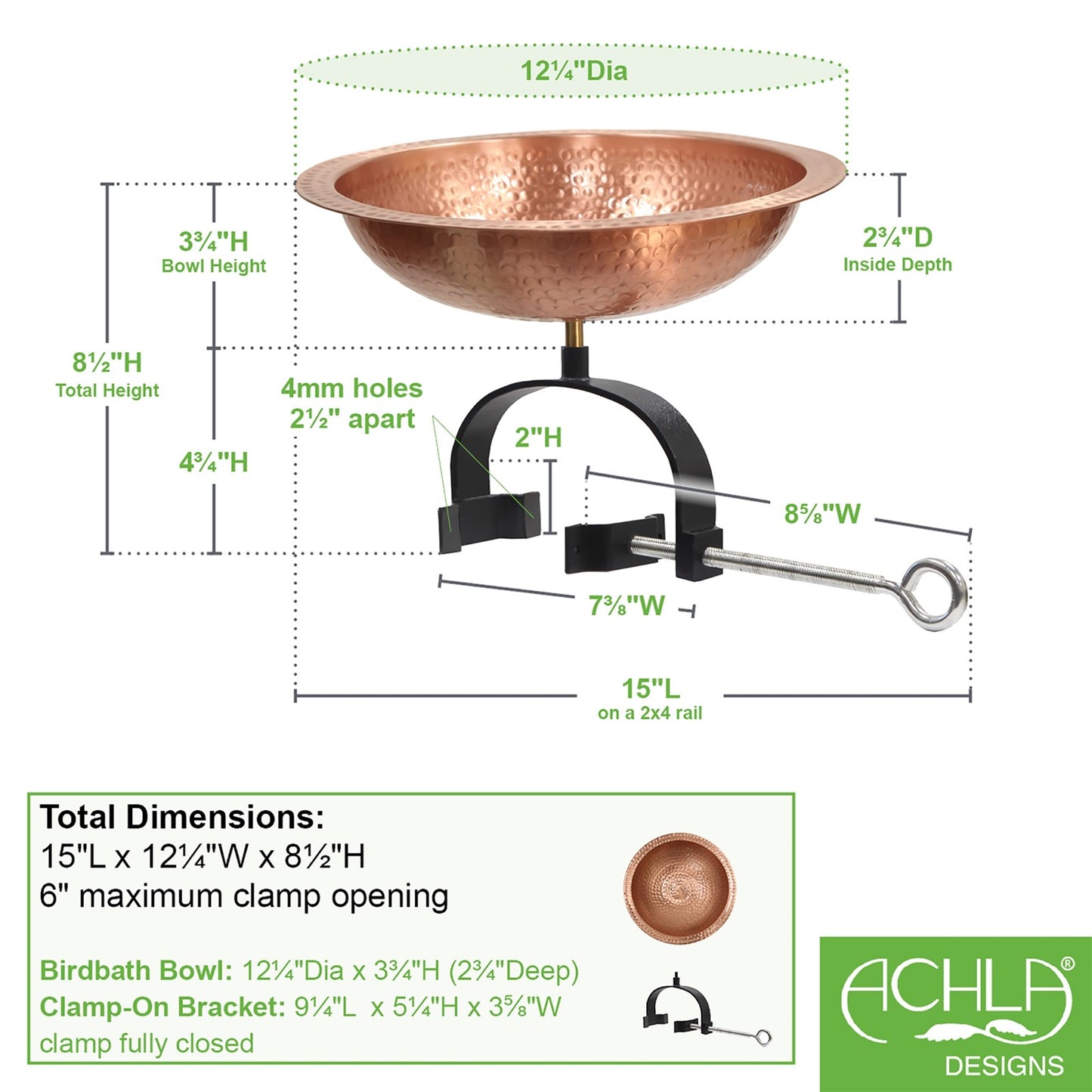 ACHLA Hammered 12in Birdbath Over Rail Bracket | Satin Copper Hammered Copper and Black Wrought Iron | Outdoor Garden, Deck & | Model BBHC-02T-OR2