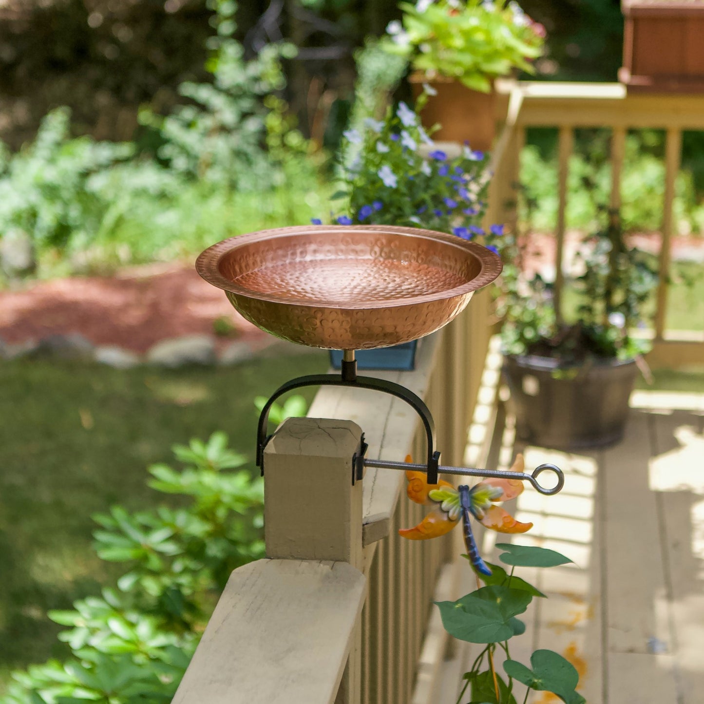 ACHLA Hammered 12in Birdbath Over Rail Bracket | Satin Copper Hammered Copper and Black Wrought Iron | Outdoor Garden, Deck & | Model BBHC-02T-OR2