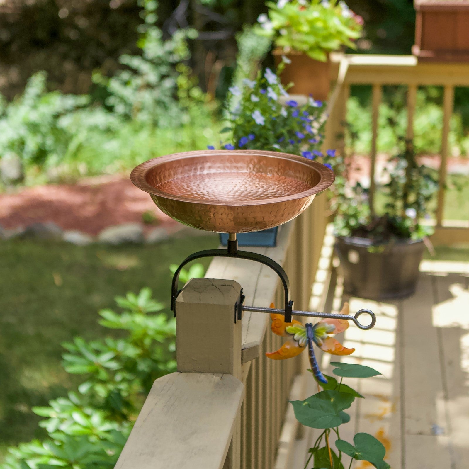 ACHLA Hammered 12in Birdbath Over Rail Bracket | Satin Copper Hammered Copper and Black Wrought Iron | Outdoor Garden, Deck & | Model BBHC-02T-OR2