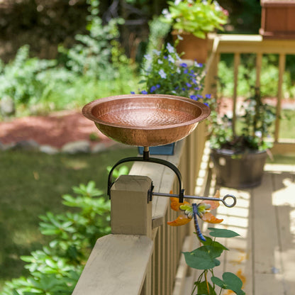 ACHLA Hammered 12in Birdbath Over Rail Bracket | Satin Copper Hammered Copper and Black Wrought Iron | Outdoor Garden, Deck & | Model BBHC-02T-OR2