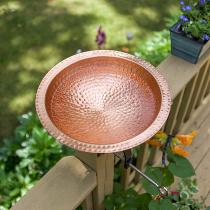 ACHLA Hammered 12in Birdbath Over Rail Bracket | Satin Copper Hammered Copper and Black Wrought Iron | Outdoor Garden, Deck & | Model BBHC-02T-OR2