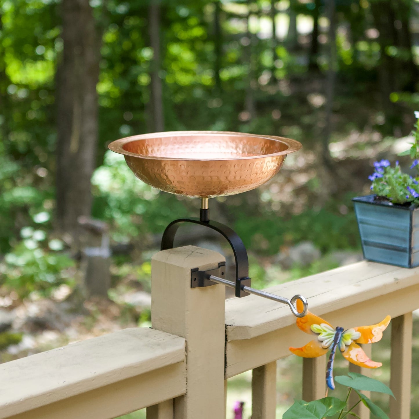 ACHLA Hammered 12in Birdbath Over Rail Bracket | Satin Copper Hammered Copper and Black Wrought Iron | Outdoor Garden, Deck & | Model BBHC-02T-OR2