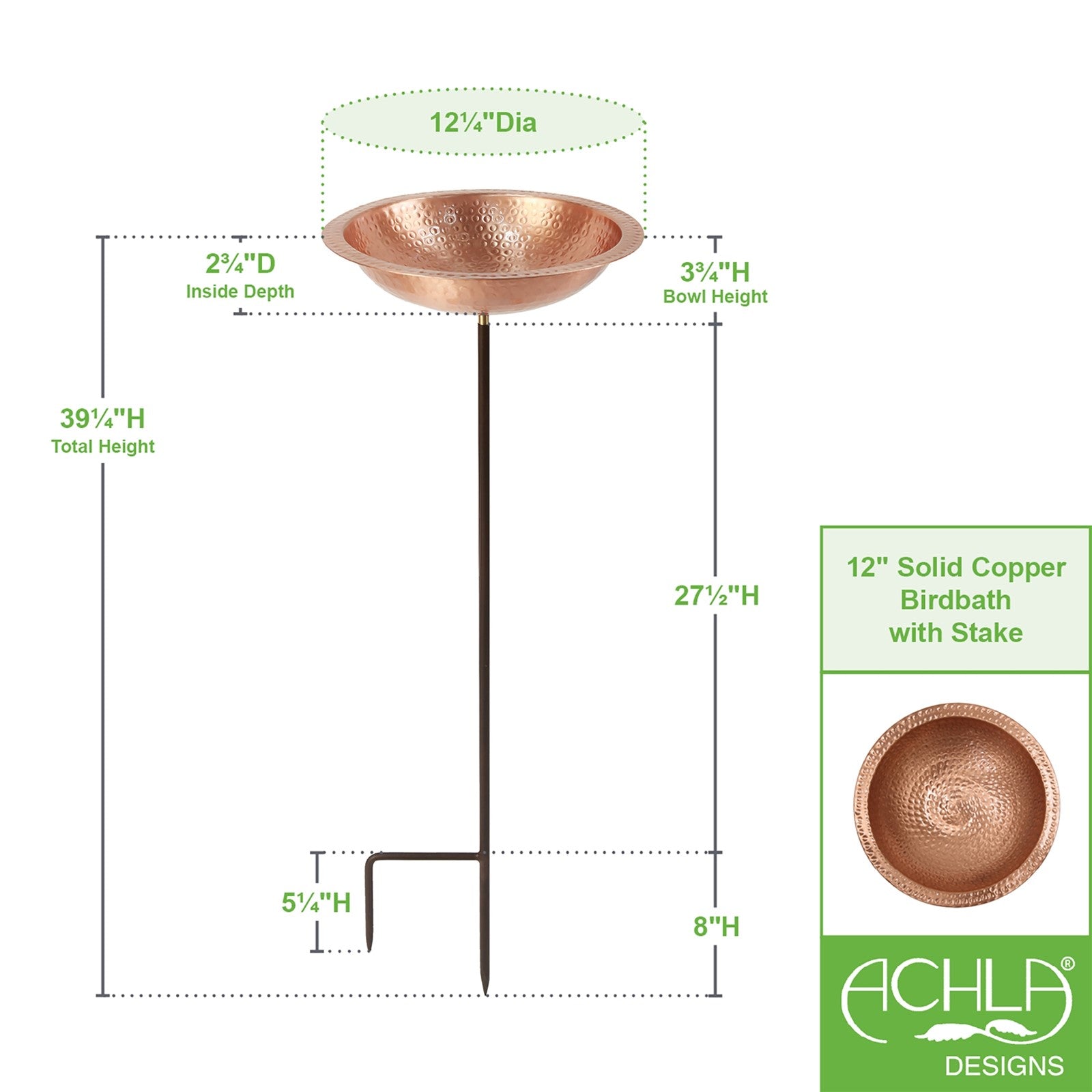 ACHLA Hammered Solid Copper Birdbath | Satin Copper and Roman Bronze Wrought Iron | Garden & Patio Bird Bath | 12 x 12 x 39 in | Model BBHC-02T-S