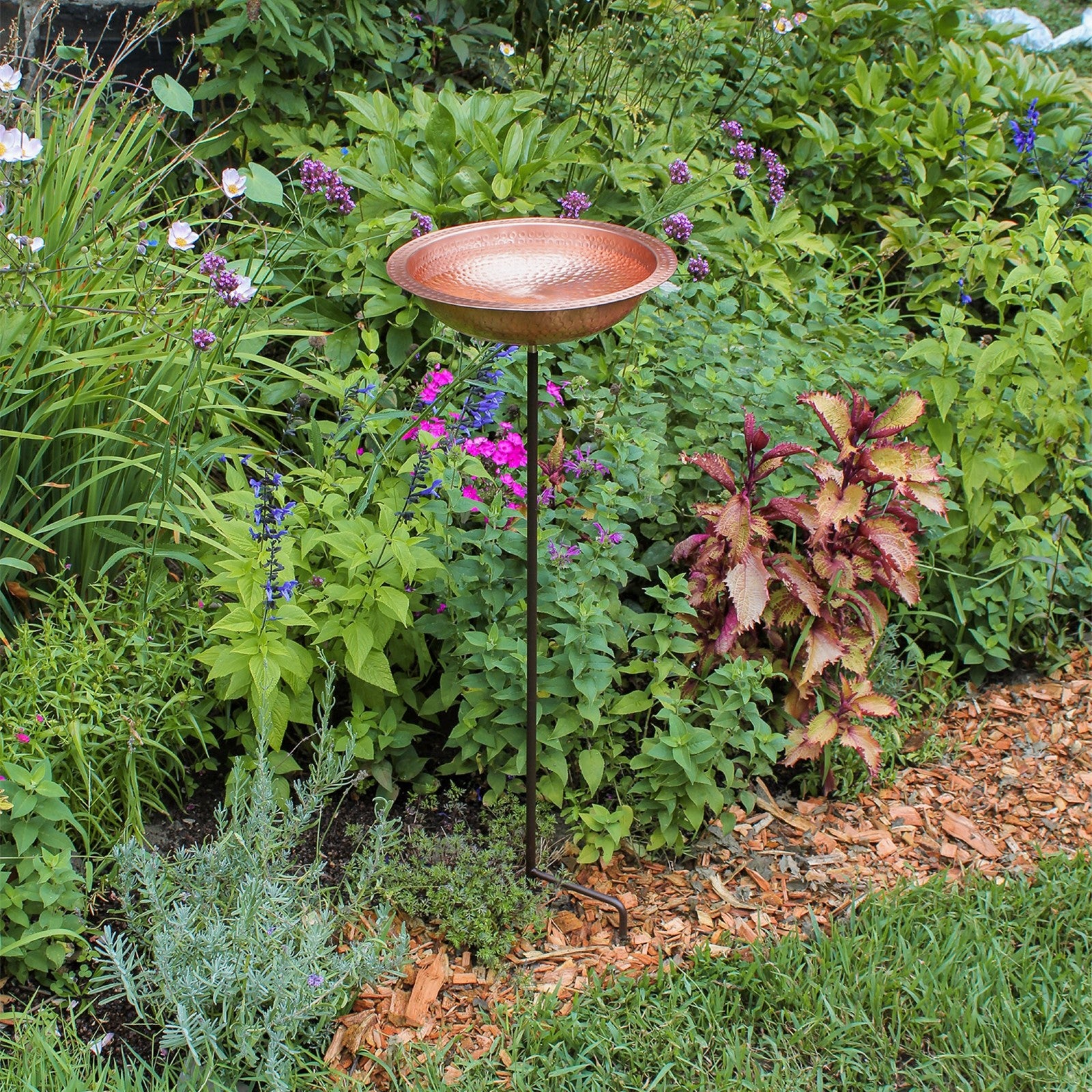 ACHLA Hammered Solid Copper Birdbath | Satin Copper and Roman Bronze Wrought Iron | Garden & Patio Bird Bath | 12 x 12 x 39 in | Model BBHC-02T-S