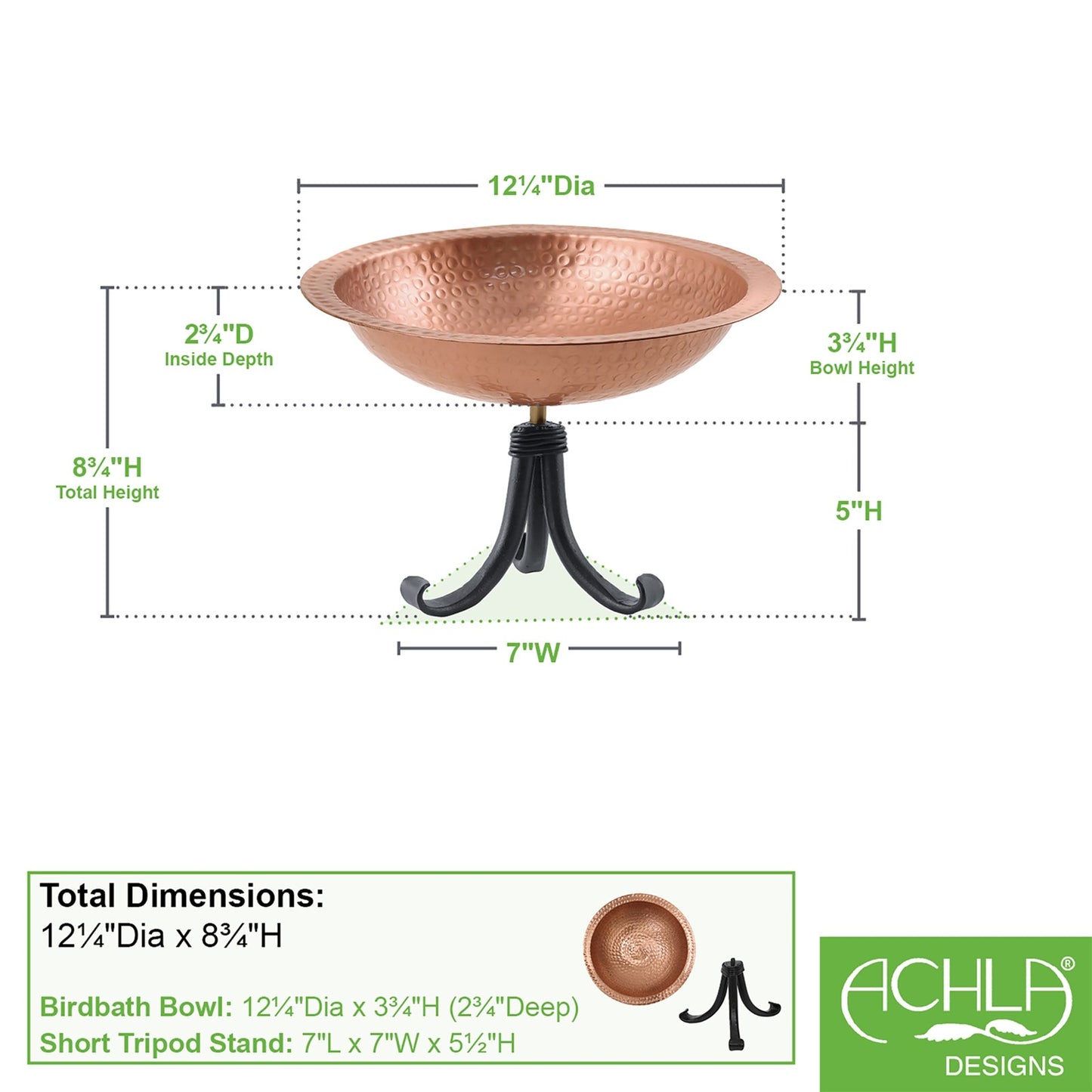 ACHLA Hammered Solid Copper Birdbath with Tripod Stand | Satin Copper and Black Wrought Iron | Garden & Patio Accent | Model BBHC-02T-TR