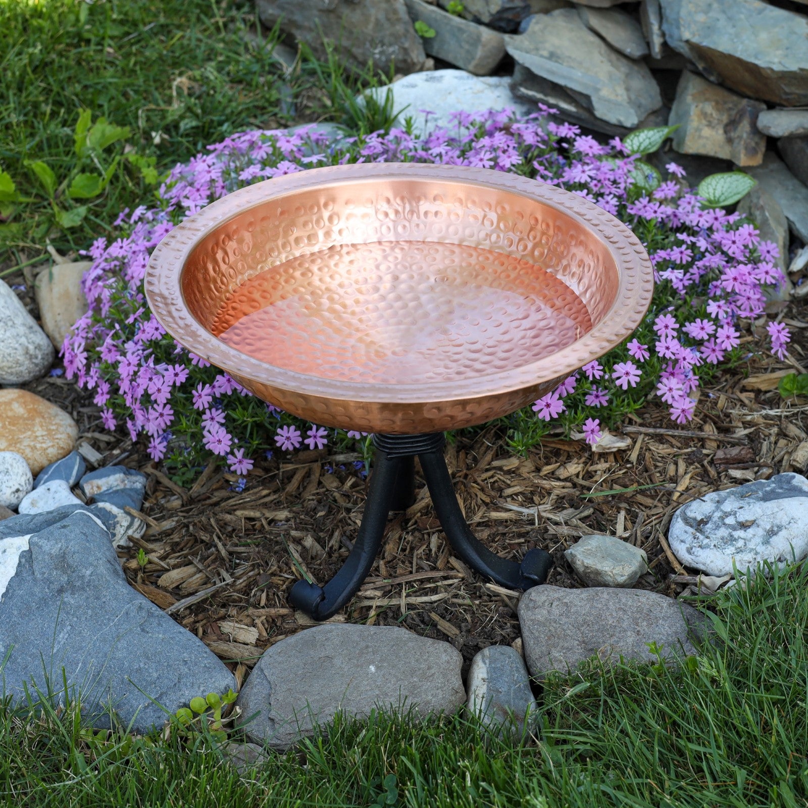ACHLA Hammered Solid Copper Birdbath with Tripod Stand | Satin Copper and Black Wrought Iron | Garden & Patio Accent | Model BBHC-02T-TR