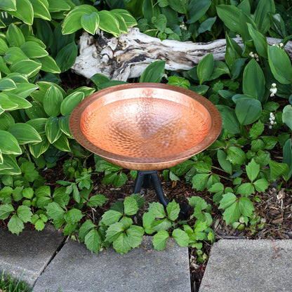 ACHLA Hammered Solid Copper Birdbath with Tripod Stand | Satin Copper and Black Wrought Iron | Garden & Patio Accent | Model BBHC-02T-TR
