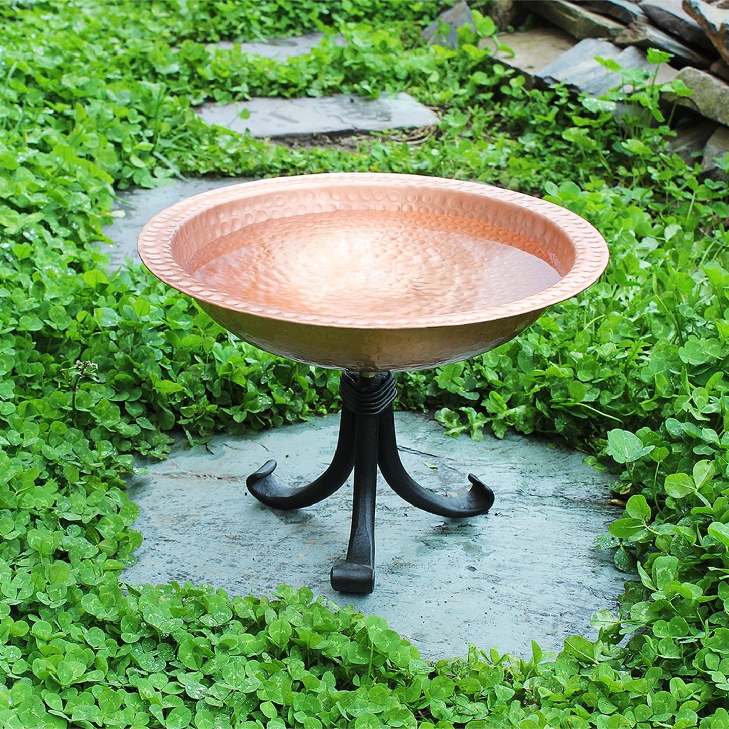 ACHLA Hammered Solid Copper Birdbath with Tripod Stand | Satin Copper and Black Wrought Iron | Garden & Patio Accent | Model BBHC-02T-TR