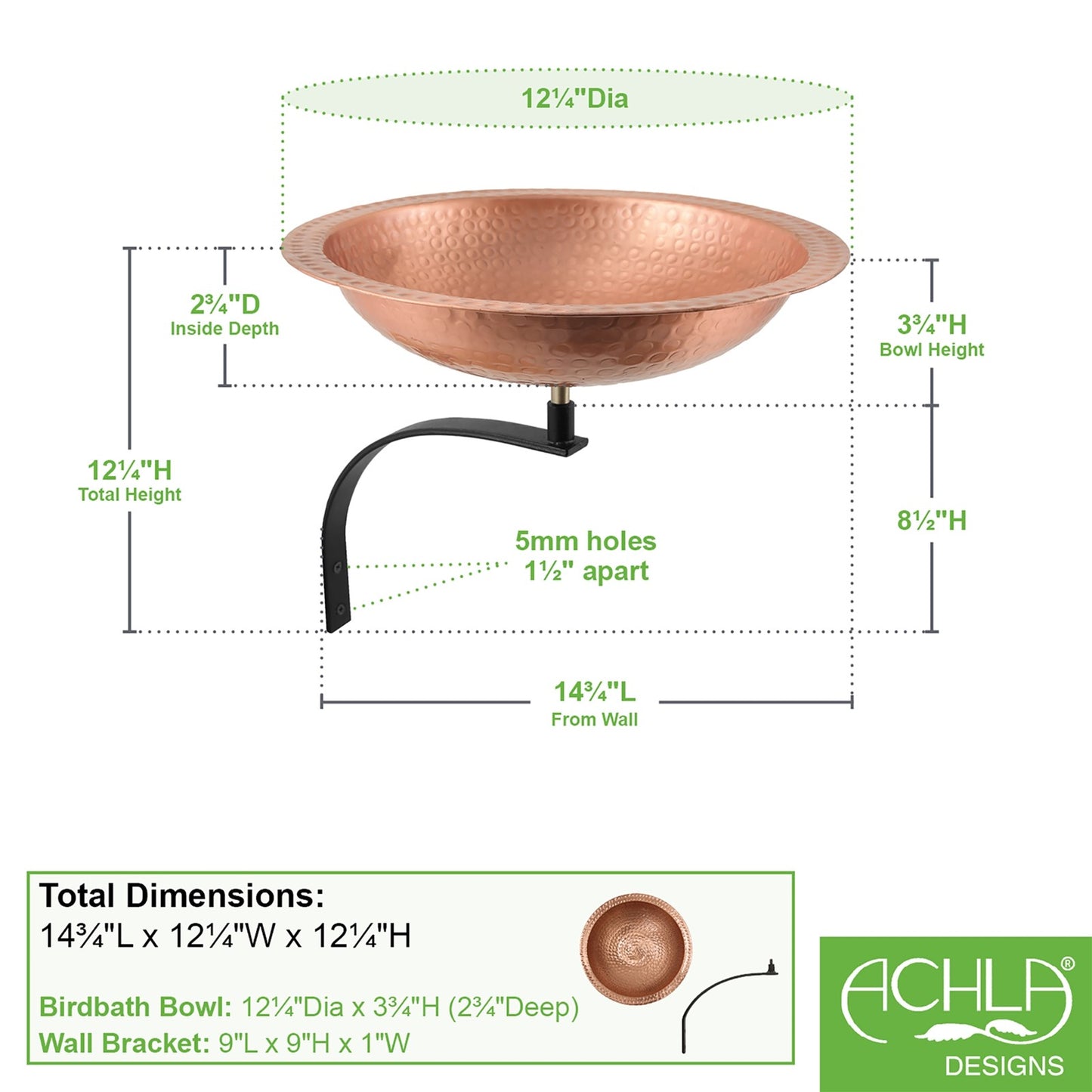 ACHLA Hammered Solid Copper Wall-Mount Birdbath | Rustic Satin Copper and Black Wrought Iron | Garden & Patio Wildlife Accent | Model BBHC-02T-WM