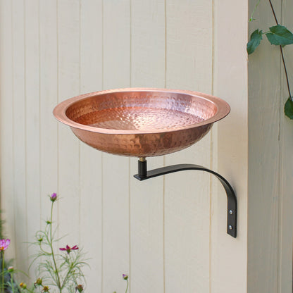 ACHLA Hammered Solid Copper Wall-Mount Birdbath | Rustic Satin Copper and Black Wrought Iron | Garden & Patio Wildlife Accent | Model BBHC-02T-WM