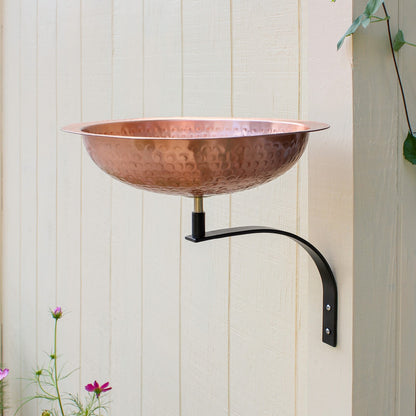 ACHLA Hammered Solid Copper Wall-Mount Birdbath | Rustic Satin Copper and Black Wrought Iron | Garden & Patio Wildlife Accent | Model BBHC-02T-WM
