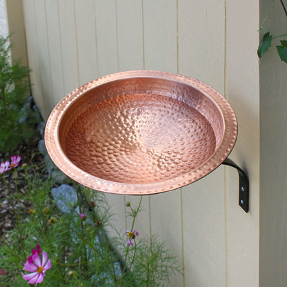 ACHLA Hammered Solid Copper Wall-Mount Birdbath | Rustic Satin Copper and Black Wrought Iron | Garden & Patio Wildlife Accent | Model BBHC-02T-WM