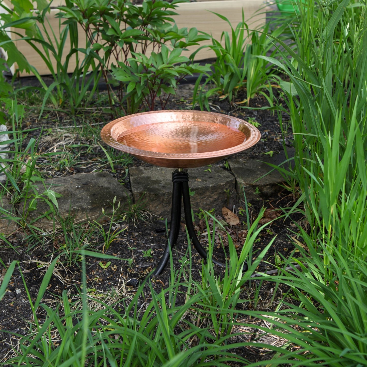 ACHLA Hammered Solid Copper Birdbath Tripod Stand | Satin Copper and Black Wrought Iron | Garden & Patio Bird Bath | Model BBHC-03T-TR2