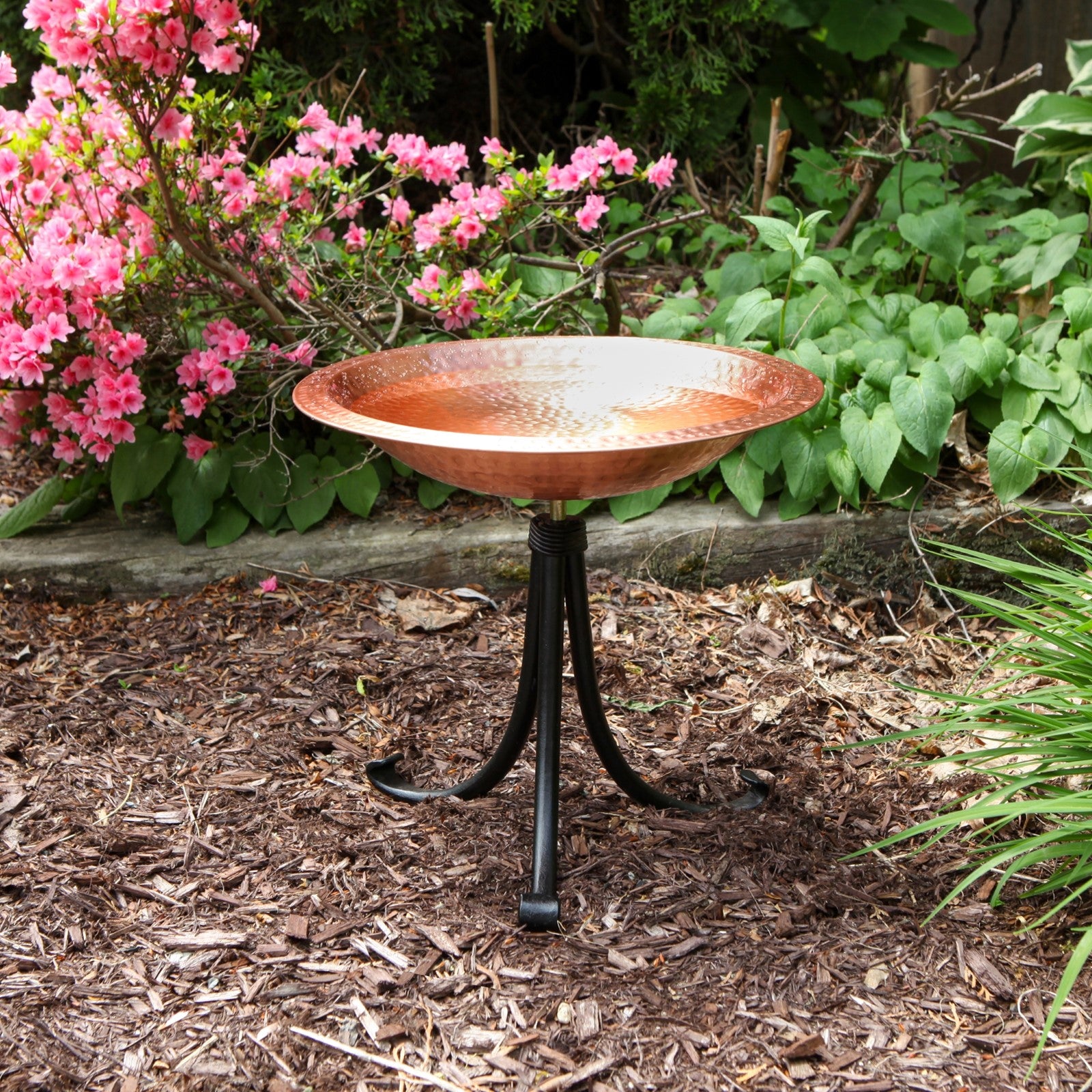 ACHLA Hammered Solid Copper Birdbath Tripod Stand | Satin Copper and Black Wrought Iron | Garden & Patio Bird Bath | Model BBHC-03T-TR2