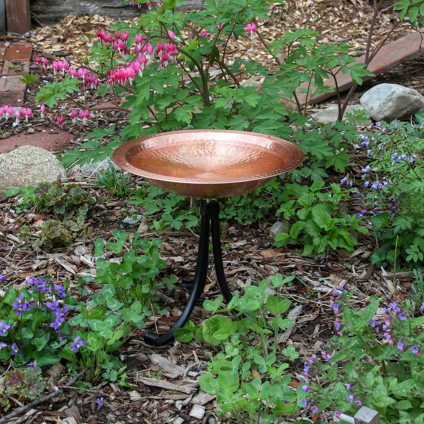 ACHLA Hammered Solid Copper Birdbath Tripod Stand | Satin Copper and Black Wrought Iron | Garden & Patio Bird Bath | Model BBHC-03T-TR2