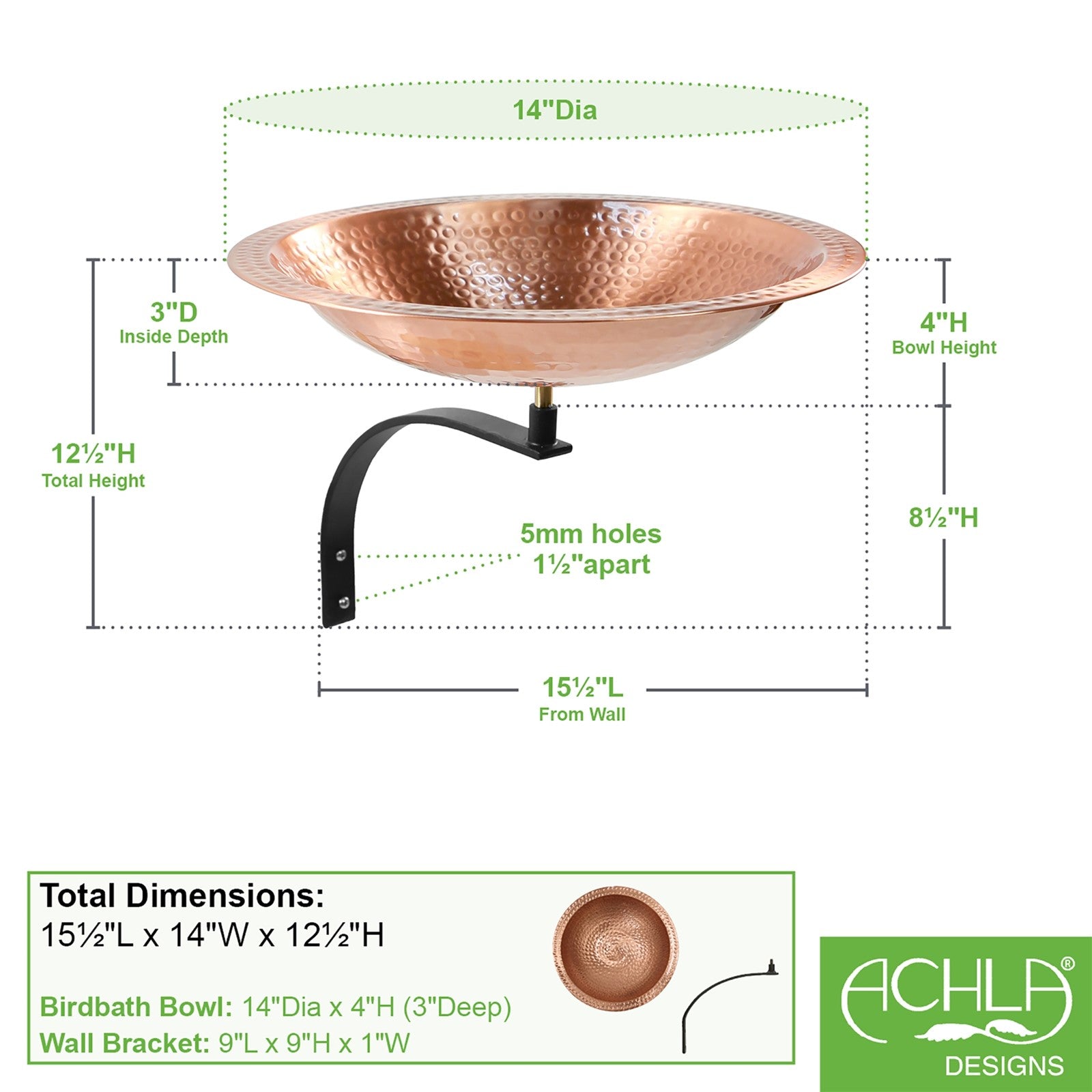 ACHLA Hammered Solid Copper Birdbath Wall Mount | Satin Copper Brass Bowl with Black Wrought Iron Bracket | Balcony & Deck Garden | Model BBHC-03T-WM